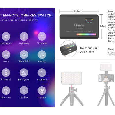ULANZI VL120 RGB (2500-9000K) - HÀNG CHÍNH HÃNG - Đèn LED đổi màu RGB | 20 hiệu ứng | Pin Lithium 3100mAh