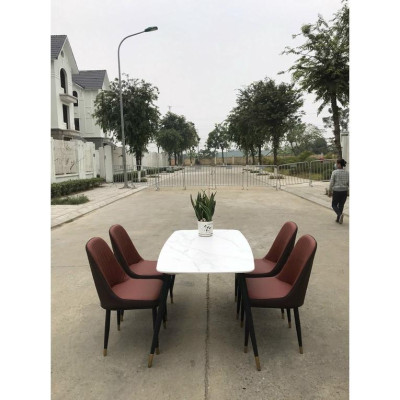 Bộ bàn ăn chân trụ 1m2 + 4 ghế Monet Ko Tay mặt đá ceramic  Thương hiệu Nội Thất Bình Long 