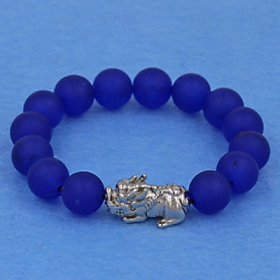 Chuỗi đeo tay thạch anh xanh dương mờ 12 ly -  cẩn Tỳ Hưu inox bạc VTAXDMTHT12 - hợp mệnh Mộc, mệnh Thủy