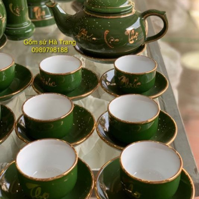 Bộ ấm chén Phúc Lộc Thọ dáng chóp men lục bảo vẽ vàng  Gốm sứ Bát Tràng cao cấp