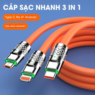 Dây Cáp Sạc Nhanh 3 Trong 1, Siê Bền, Siêu Nhanh Cổng Micro USB Type C Bằng Silicone