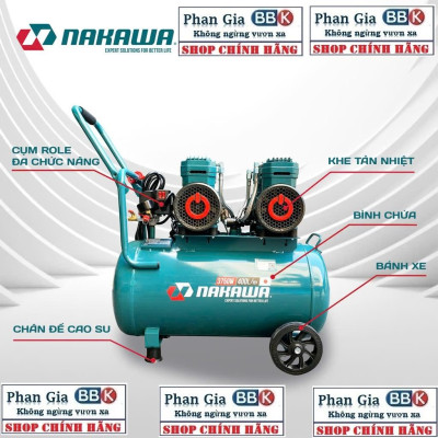 [chính hãƞg] Máy nén khí không dầu, tốc nhanh, siêu êm NAKAWA 50L - 5.0HP, 100% Dây đồng, Bảo hành 1 năm