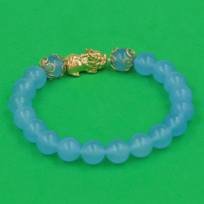 Vòng đeo tay Thạch Anh Xanh Biển 8 ly - cẩn Tỳ Hưu Phong Thủy inox vàng VTAXBTHHKV8 - hợp mệnh Mộc, mệnh Thủy