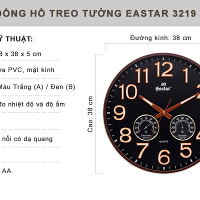 Đồng Hồ Treo Tường DECOR Trang Trí Nhà Hình Tròn Viền Mỏng 38cm EASTAR - Bộ Kim Số DẠ QUANG và NHIỆT ẨM KẾ TỰ ĐỘNG - Tặng Pin Maxell