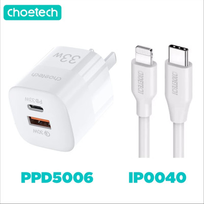 Adapter Củ Sạc 33W PPS/ PD 30W / QC 3.0 1 Cổng Type C 1 Cổng USB Nhỏ Gọn CHOETECH PD5006 Sạc Nhanh iPhone, iPad, Samsung - Hàng Chính Hãng