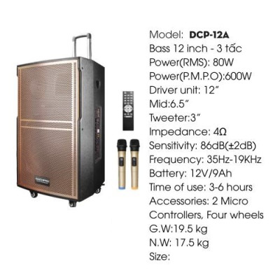 Loa Kéo Di Động Karaoke Bass 30 Daichipro DCP-12A (600W) 3 Tấc - Chính Hãng