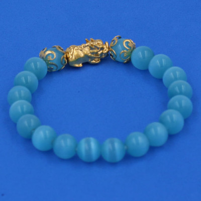 Vòng đeo tay Đá Mắt Mèo Xanh Biển 8 ly - cẩn Tỳ Hưu Phong Thủy inox vàng VMEXBTHHKV8 - hợp mệnh Thủy, mệnh Mộc