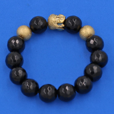 Vòng tay Thạch Anh Đen Cắt Giác 14 ly - Vòng tay Phật A Di Đà inox vàng VTAEGNLVHB14 - hợp mệnh Mộc, mệnh Thủy - Vòng đeo tay size lớn