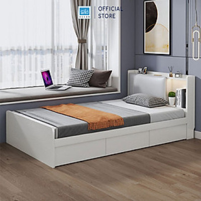 Giường Gỗ Đơn Dài 1.2m Phối Đèn LED và 3 Ngăn Kéo Màu Trắng SIB Decor GN14