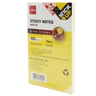 Giấy Note 76 x 127 mm 75gsm - Deli EA605 - Màu Vàng (100 Tờ)