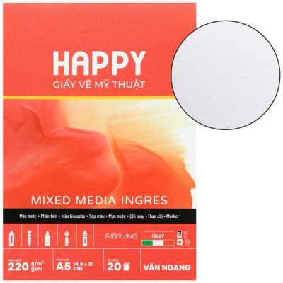 Sổ Vẽ Mỹ Thuật Gáy Keo Đa Chất Liệu A5 - Happy Mix Media Ingres - Vân Ngang - 220gsm (20 Tờ)
