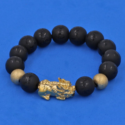 Vòng tay đá Thạch Anh Đen khắc Phật Chú chữ mờ 12 ly - cẩn Tỳ Hưu Phong Thủy inox vàng VTAEPMTHHBV12 - hợp mệnh Thủy, mệnh Mộc