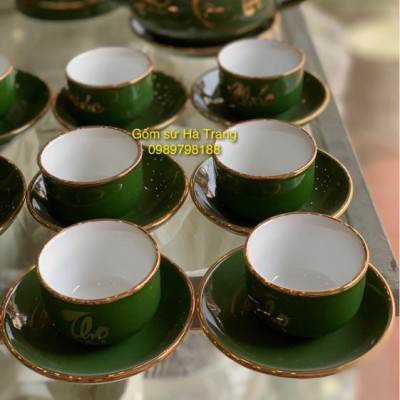 Bộ ấm chén Phúc Lộc Thọ dáng chóp men lục bảo vẽ vàng  Gốm sứ Bát Tràng cao cấp