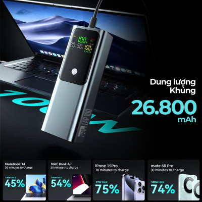Pin Sạc Dự Phòng Laptop HubbFast LAP100 100W 26800mAh, Sạc Nhanh PD Type-C USB-A, Màn Hình LED, Đa Năng, Hàng chính hãng