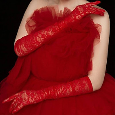 Găng tay ren hoa dáng dài màu đỏ cho Cô dâu và Dạ hội, đi tiệc, sự kiện MS: 42222