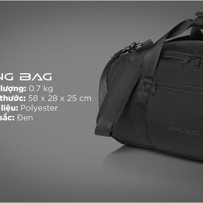 Túi trống du lịch KINGBAG SKY nhiều ngăn, sức chứa lớn, đế giảm chấn, chống nước tốt, khóa kéo YKK, màu đen - Hàng chính hãng