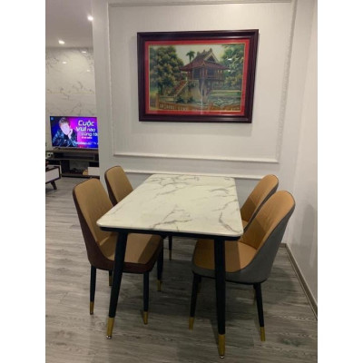 Bộ bàn ăn chân trụ 1m2 + 4 ghế Monet Ko Tay mặt đá ceramic  Thương hiệu Nội Thất Bình Long 