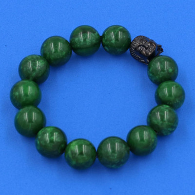 Vòng đeo tay Cẩm Thạch Đông Ninh 14 ly cẩn hạt Phật A Di Đà inox đen VCTDNNLE14