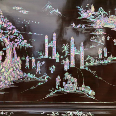 Tranh treo tường tích vinh quy bái tổ khảm ốc đỏ ,mầu sắc bẩy sắc cầu vồng ,hàng siêu đẹp kt 107×217×5cm