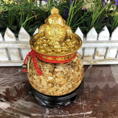 Bát tụ bảo lá vàng phong thủy có đính kèm thiềm thừ chiêu tài lộc