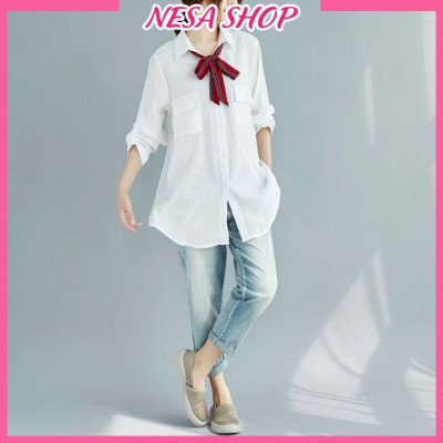 Áo sơ mi nữ trắng dài tay, áo form rộng, chất liệu Đũi tơ mềm mịn, sơ mi nữ đẹp phong cách Hàn Quốc NeSa Shop AKH.47