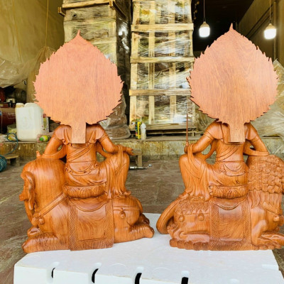 Tượng phật văn thù _phổ hiền bồ tát bằng gỗ hương đá kt cao 42×35×20cm +cả lá chắn bồ đề cao tổng 62cm