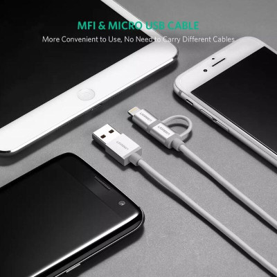 Ugreen UG30670US165TK 1.5M màu Bạc Cáp sạc đa năng USB sang MicroUSB + Lightning - HÀNG CHÍNH HÃNG