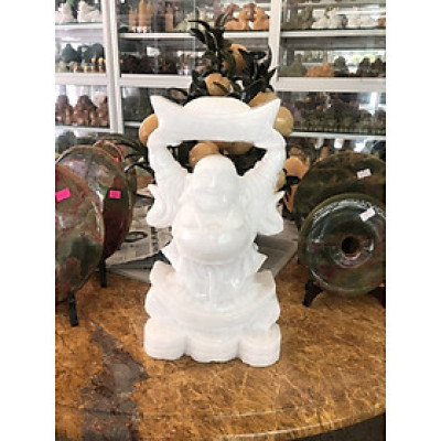 Tượng Phật Di Lặc đứng đỡ thỏi ngân lượng đá trắng - Cao 30 cm