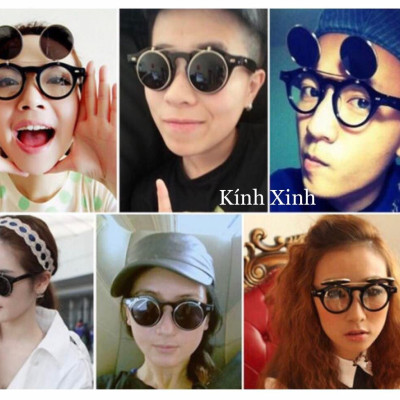 Kính râm, Kính mát Nam Nữ Mắt Tròn Retro 2 Tròng Lật Gọng Nhựa Hàn Quốc Cao Cấp