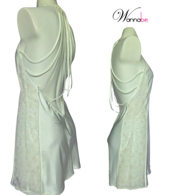 Đầm ngủ WANNABE DNS36 váy ngủ lụa cổ chữ V xẻ sâu, lưng cut-out đan 8 dây phối ren khoe vai eo mông đùi quyến rũ gợi cảm