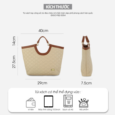 Túi xách nữ công sở đựng tài liệu A5 IDIGO FB2 - 5054, túi đeo chéo nữ chần trám dạo phố phong cách Hàn Quốc