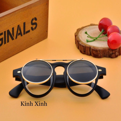 Kính râm, Kính mát Nam Nữ Mắt Tròn Retro 2 Tròng Lật Gọng Nhựa Hàn Quốc Cao Cấp