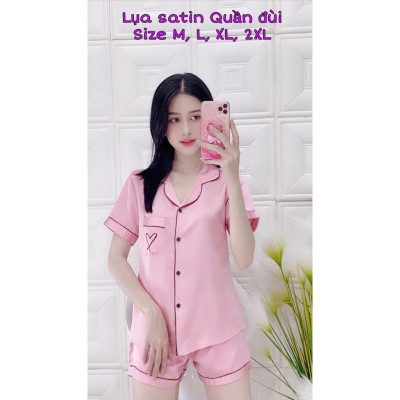 Đồ bộ ngủ pijama  lụa satin tay ngắn ,quần ngắn hàng cao cấp Màu Xanh