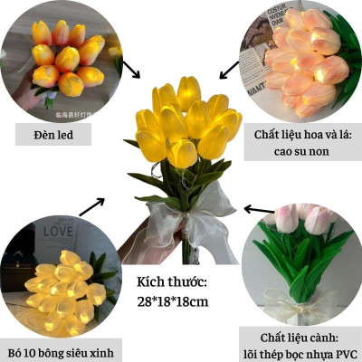 Bó 10 Cành Hoa Tulip Kèm Đèn Led Phát Sáng Hoa Cưới Hoa Lụa Giả Kèm Nơ Xinh Decor Trang Trí Nhà Cửa