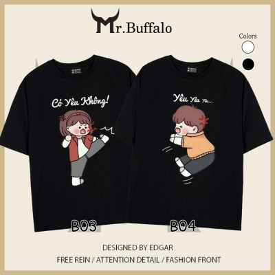 Áo đôi , áo thun cặp nam nữ tay lỡ Unisex "có yêu không" form rộng vải cotton 100% B03B04 - Mr.Buffalo