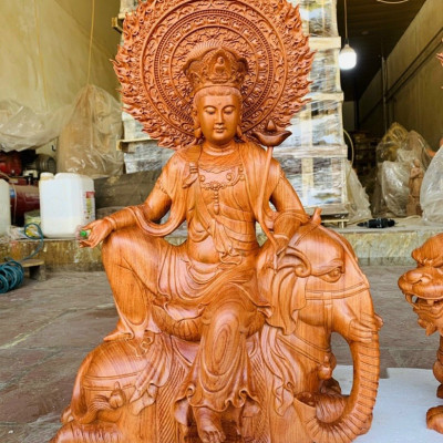 Tượng phật văn thù _phổ hiền bồ tát bằng gỗ hương đá kt cao 42×35×20cm +cả lá chắn bồ đề cao tổng 62cm