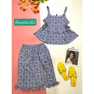 Bộ ngủ 2 dây,đồ ngủ mặc nhà lửng vải lụa BL 28 hoạ tiết hoa nhí siêu cưng.