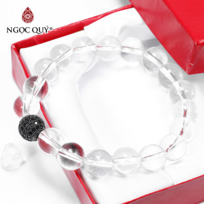 Vòng tay đá thạch anh trắng phối charm hợp kim đen đính đá 8mm mệnh thủy, kim - Ngọc Quý Gemstones