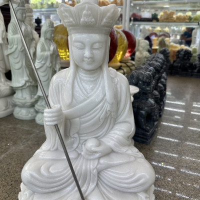 Tượng địa tạng vương bồ tát ngồi đài sen đá cẩm thạch trắng - Cao 50 cm