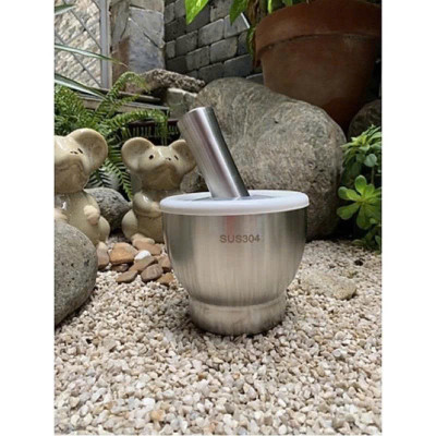 Cối Chày Inox 304 Cao Cấp , Đâm Tiêu , Giã Tỏi, Giã Cua, Có Nắp Đậy, Đế Chống Trượt , Size 10cm 