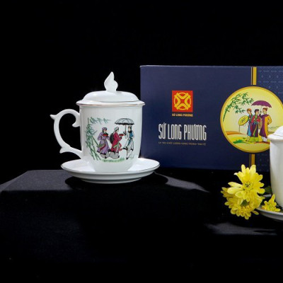 Bộ ca 10.5 quan họ (ca có nắp có kê) Cốc uống nước sứ Long Phương