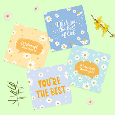 Set 4 thiệp chúc mừng, cảm ơn, động viên chúc may mắn SDstationery DAISY 12x12 họa tiết hoa cúc trang nhã màu sắc nhẹ nhàng
