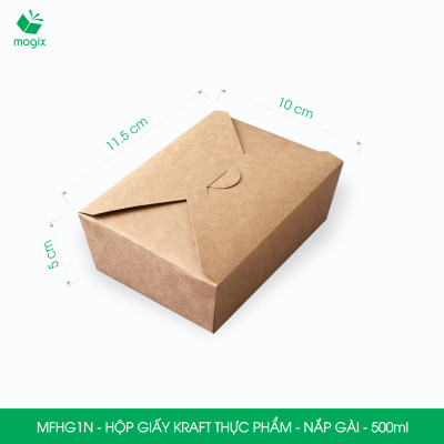 MFHG1N - 100 hộp giấy kraft thực phẩm 500ml, hộp giấy nắp gập màu nâu đựng thức ăn, hộp giấy nắp gài gói đồ ăn mang đi 