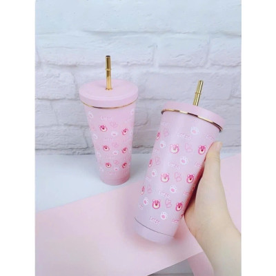 Ly Giữ Nhiệt Lotso Inox 304 Cao Cấp 750ml Kèm Ống Hút, Ly Giữ Nhiệt Gấu Dâu Hoạt Hình Dễ Thương Giữ Nhiệt 8-12h - Tặng Kèm Túi Đựng - HÀng Chính Hãng MINIIN