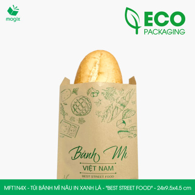 MFT1N4X - 24x9.5x4.5 cm - 200 Túi bánh mì Nâu, in sẵn họa tiết BEST STREET FOOD - Bao bánh mì Túi giấy thực phẩm an toàn