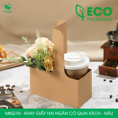 MKQ1N - 17.5x8x9 cm - Combo 100 Khay giấy 2 ngăn quai xách màu nâu siêu chắc, hộp giấy 2 ngăn chống thấm đựng ly nước, hoa và quà tặng