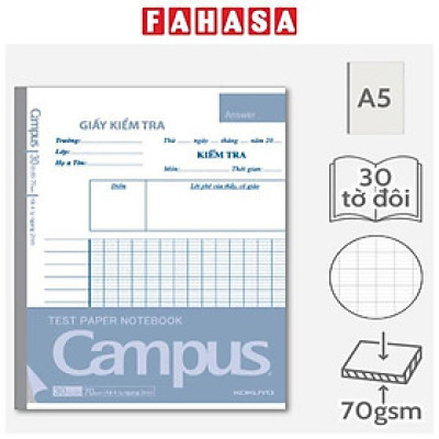 Giấy Kiểm Tra Kẻ 4 Ly Ngang Dạng Vở A5 - Campus TPN-A5LY30 (30 Tờ Đôi)