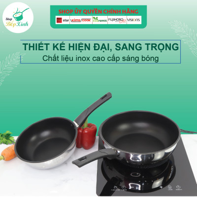 Chảo inox chống dính sâu lòng cao cấp Fivestar 3 đáy từ , inox 430, tặng 1 sạn dừa