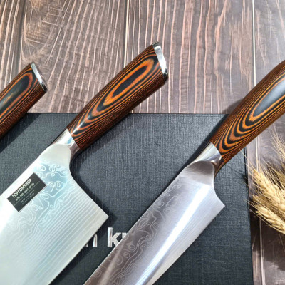 DAO - BỘ 3 DAO BẾP NHẬT BẢN THÉP DAMASCUS MÃ A8 DT2 nt topcomshop vn