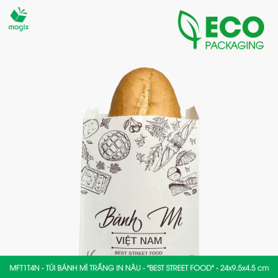 MFT1T4N - 24x9.5x4.5 cm - 200 Túi bánh mì Trắng, in sẵn họa tiết BEST STREET FOOD - Bao bánh mì Túi giấy thực phẩm an toàn